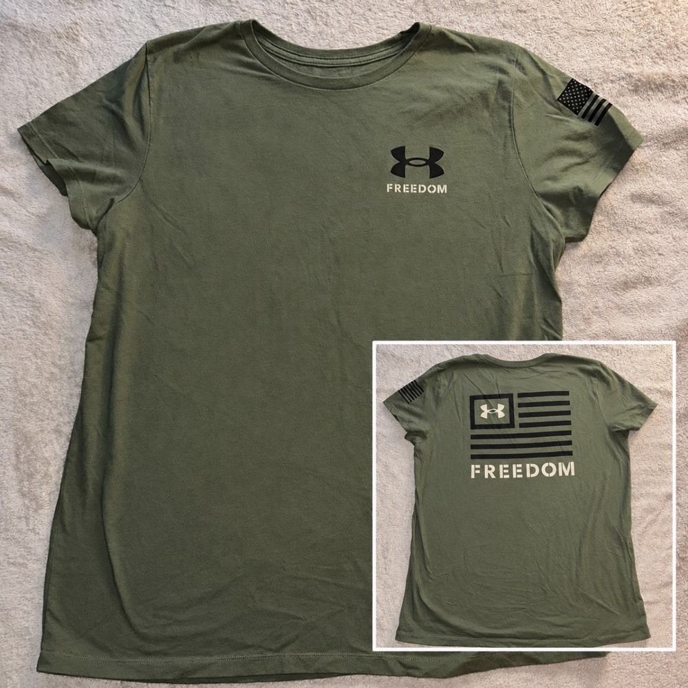 UNDER ARMOUR Women's XL Freedom Flag T-Shirt Green Tactical Loose Fit